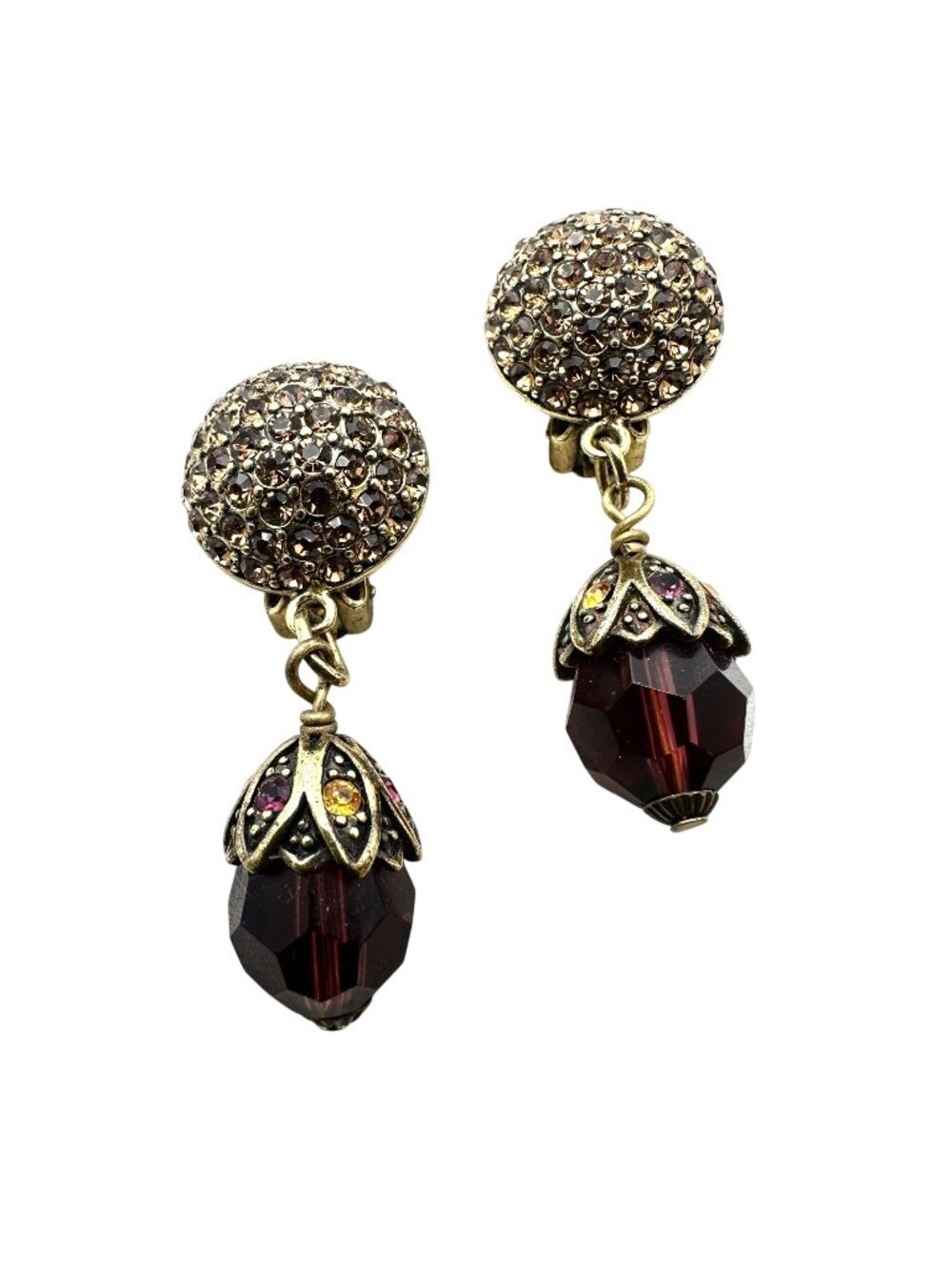 Heidi Daus Earrings Orange Purple Crystal Bronze Clip Chandelier 2 Inch